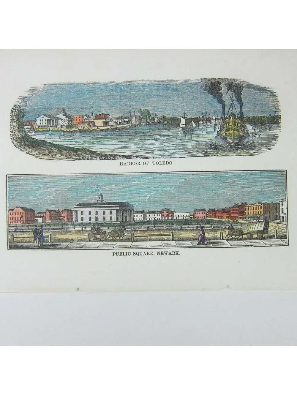 Engraving Print Ohio Toledo Harbor & Newark Square Hand Colored Antique 1847